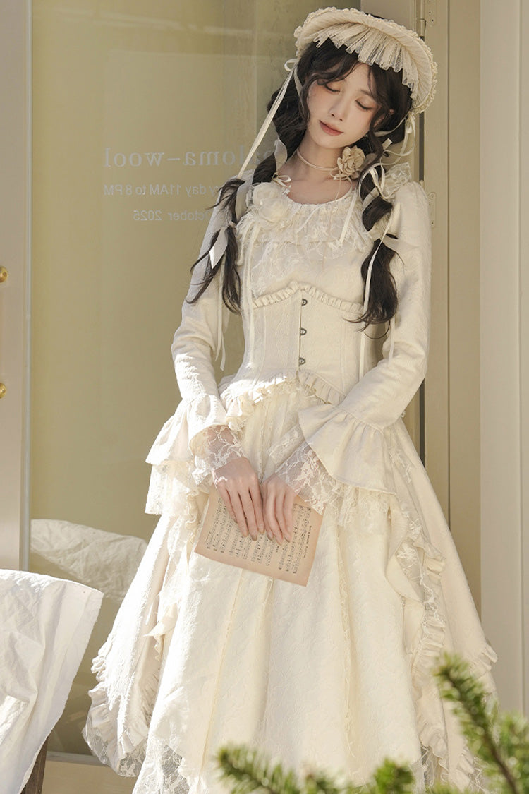 Ivory White Tea Long Sleeves Ruffle Bowknot Lace Irregular Classic Princess Lolita Dress