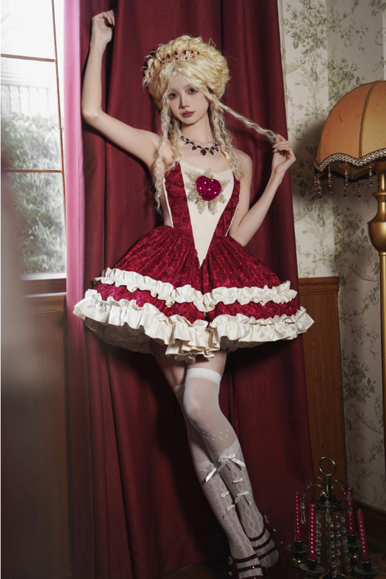 Red Heart of Mary Tube Top Sleeveless Ruffle Fishbone Gothic Lolita Dress