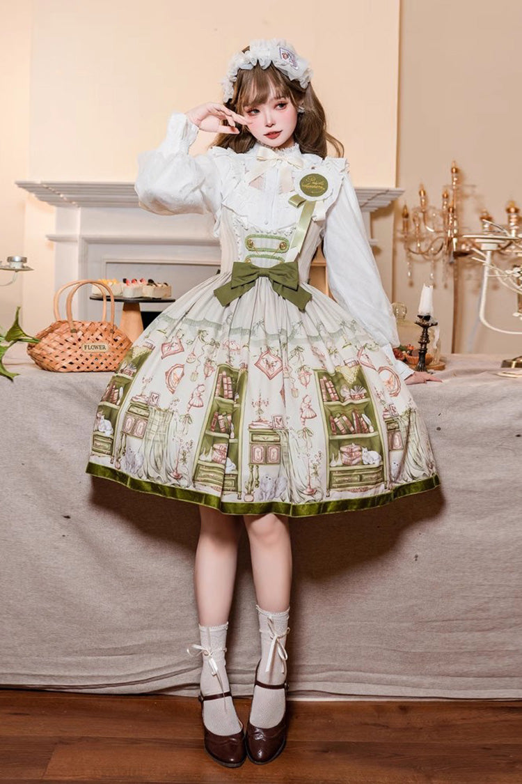 Green Ai Luo Book House Print Chest Support Bowknot Sweet Lolita Jsk Dress
