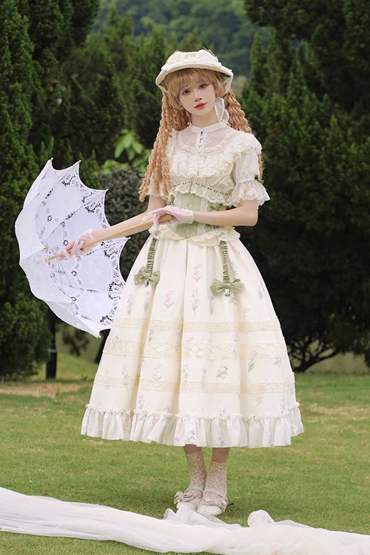 White/Green Letters and Poems to Austen Short Sleeves Print Hollow Lace Sweet Elegant Lolita Dress