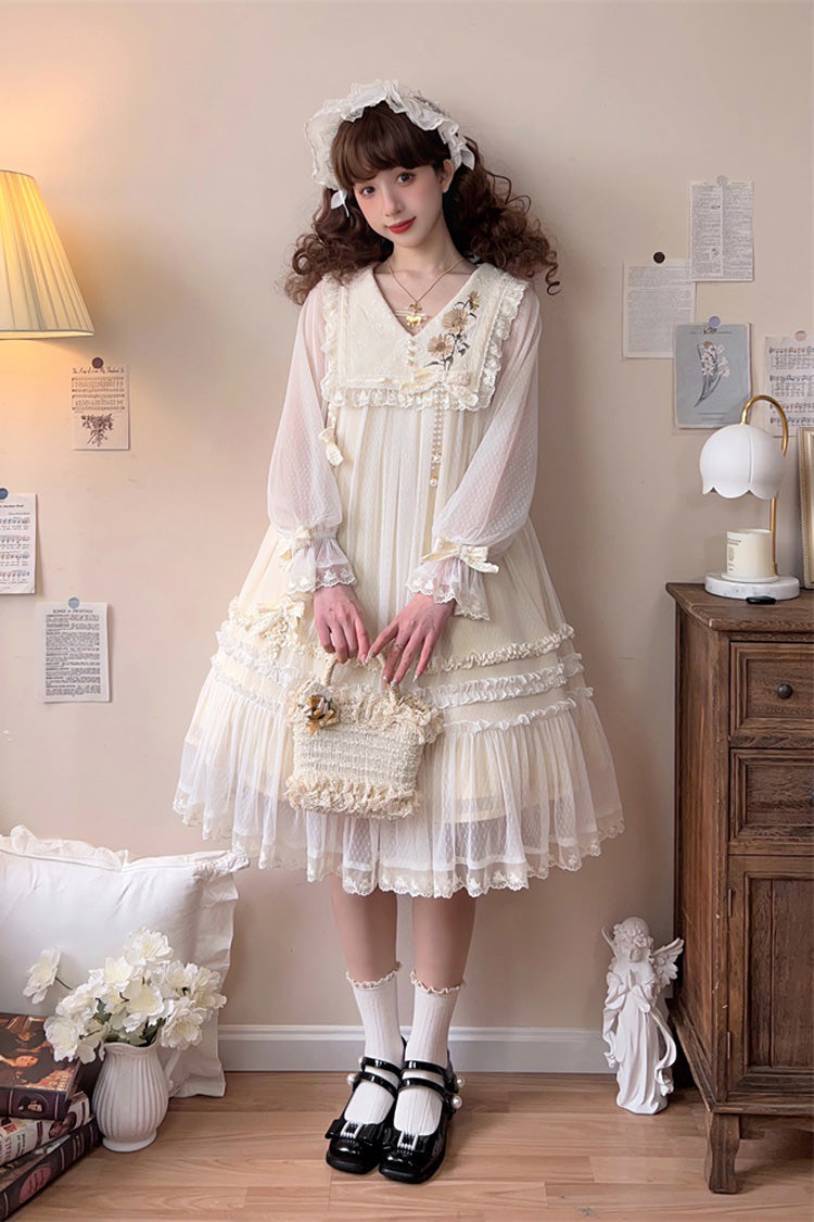 Ivory Sunflower Diary Long Sleeves Ruffle Embroidery Bowknot Lace Chiffon Sweet Princess Lolita Dress