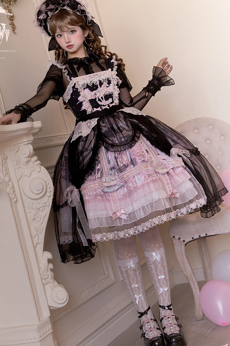 Black/Pink Pegasus Park Multi-Layered Print Ruffle Bowknot Lace Sweet Gorgeous Lolita Jsk Dress