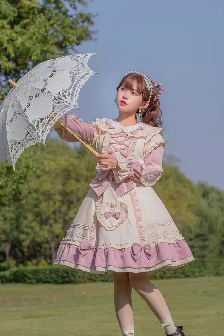 Pink/White Little Florist Long Sleeves Ruffle Bowknot Lace-Up Sweet Plus Size Princess Lolita Dress