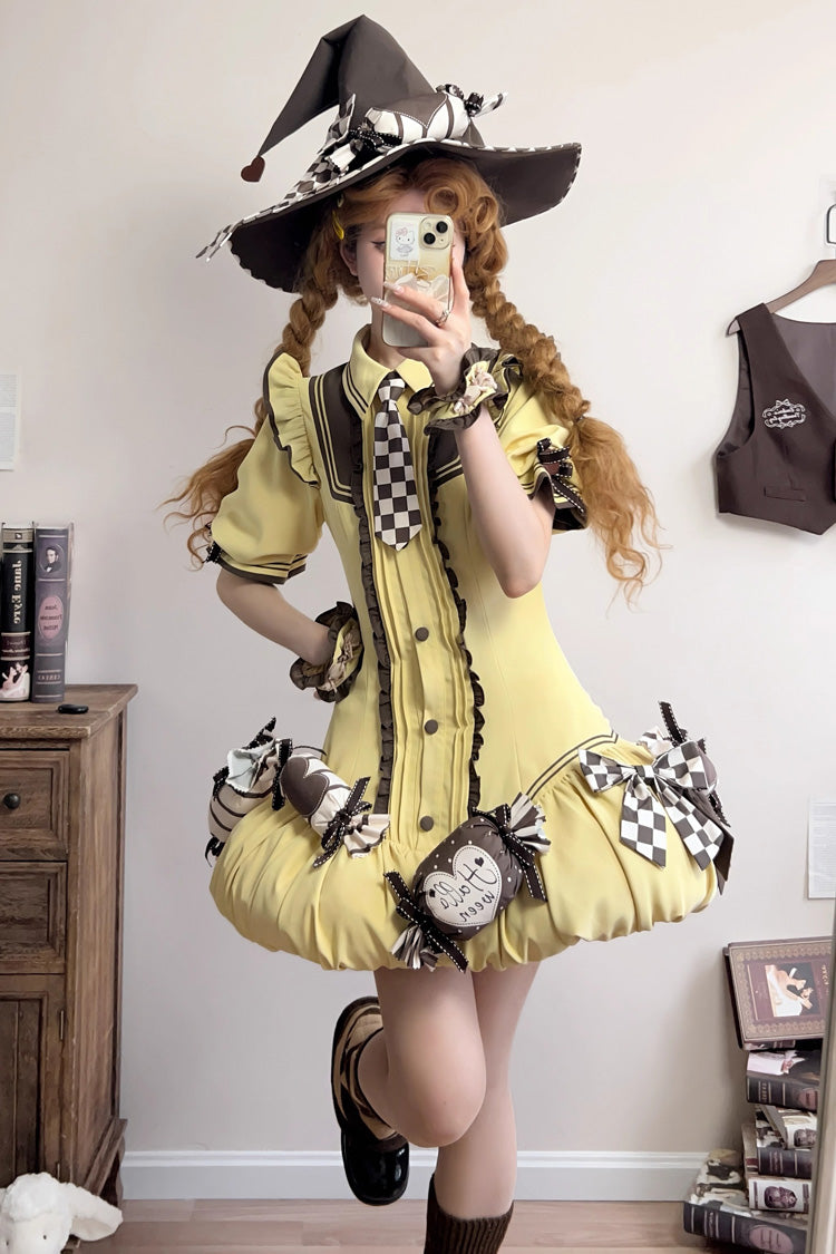 Brown/Yellow Witch and Paradise Short Sleeves Ruffle Bowknot Sweet Japanese Halloween Lolita Dress Vest Set