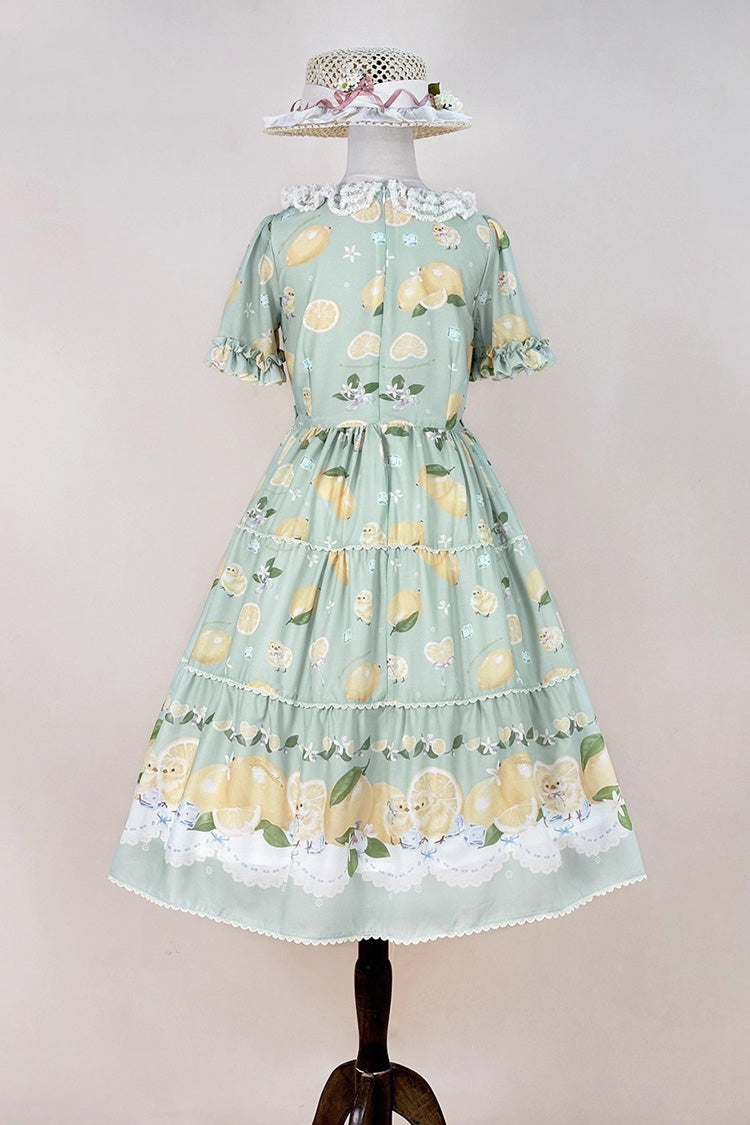 Green Lemon Chicken Short Sleeves Print Ruffle Bowknot Lace Daily Sweet Lolita Dress