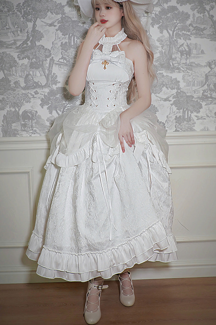 Solid Color The Mystery of The Doll Halterneck Ruffle Bowknot Drawstring Gothic Lolita Dress 4 Colors