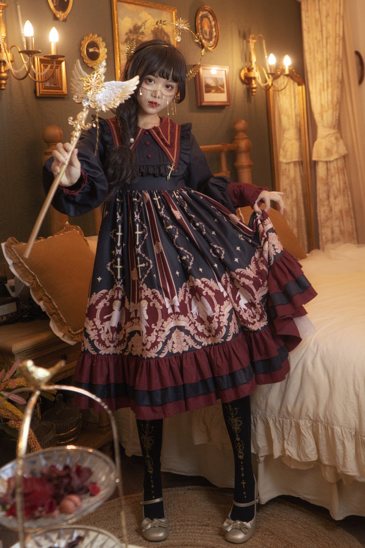 Angel's Redemption Long Sleeves Angel Print Ruffle Bowknot Sweet Lolita Dress 3 Colors