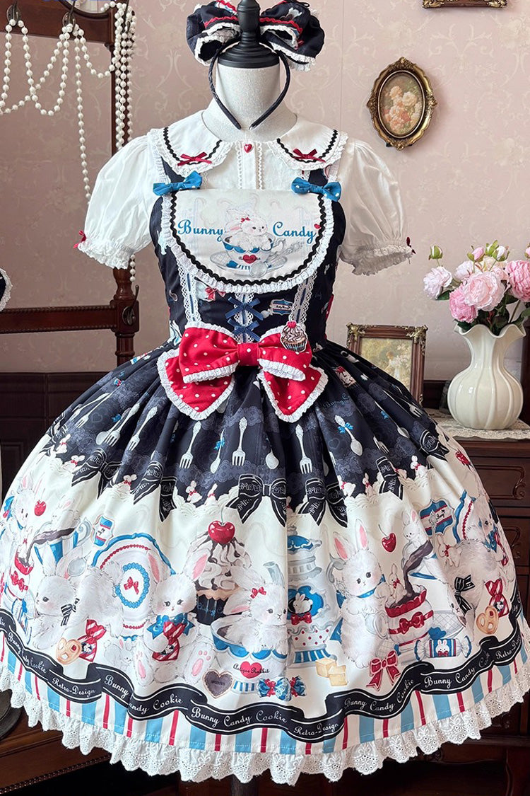 Black Mystery Rabbit Tea Party Sleeveless Print Ruffle Bowknot Lace Sweet Lolita Jsk Dress