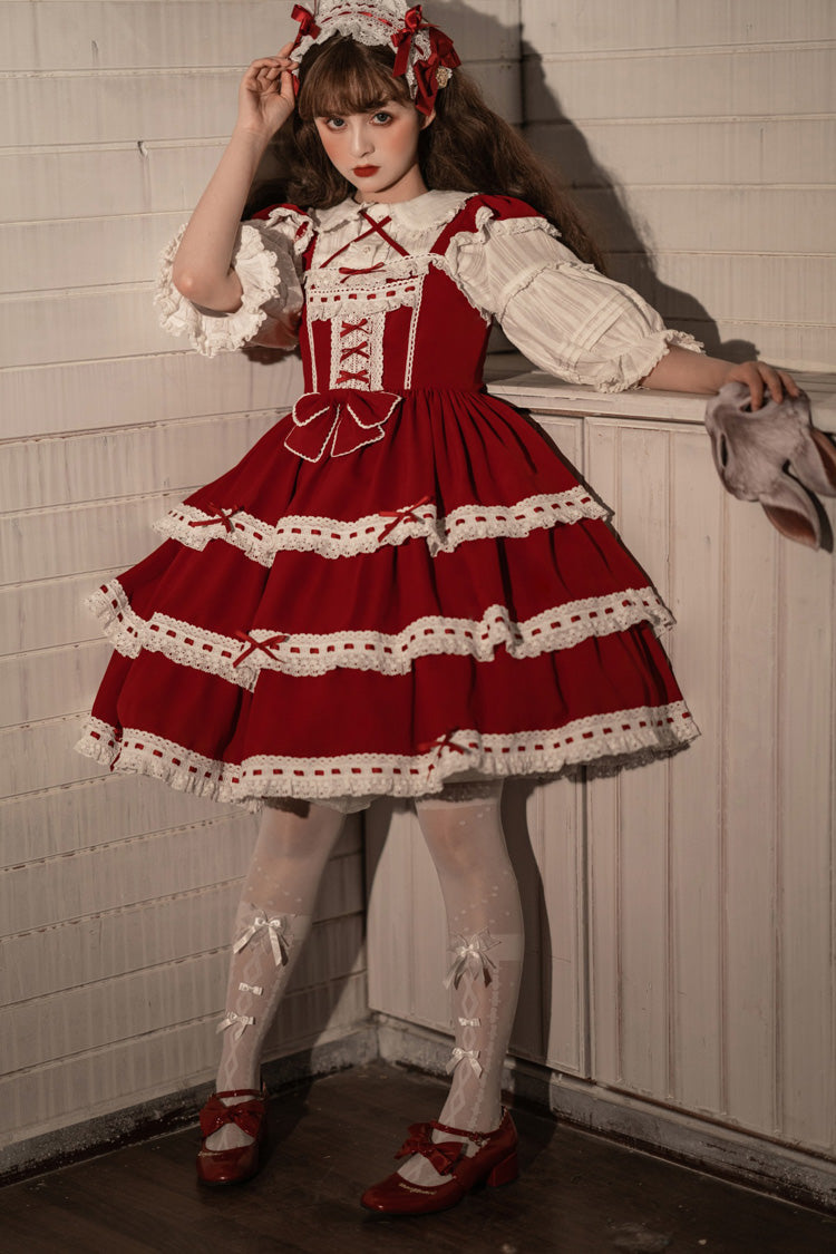 Red Antique Dolls Triple-Layered Bowknot Sweet Lolita Jsk Dress