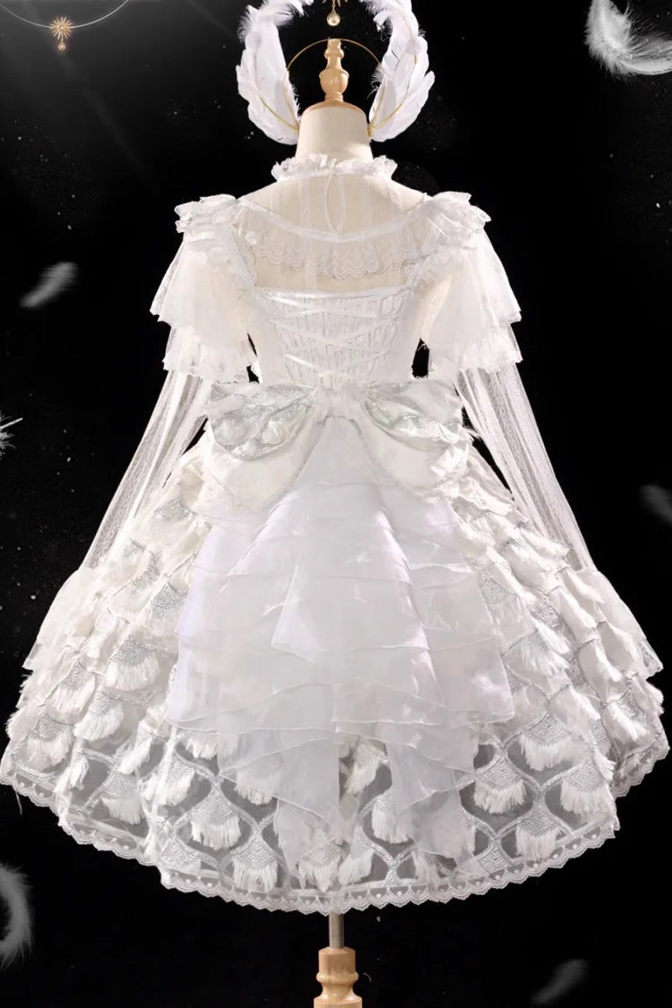 White Peacock Feather Multi-Layered Ruffle Hanayome Cardigan Bowknot Lace Sweet Lolita Jsk Dress Set