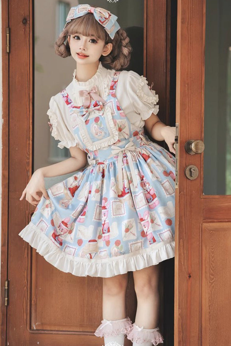 Light Blue Letter from Showa Rabbit and letter Print Ruffle Bowknot Sweet Princess Lolita Strap Dress