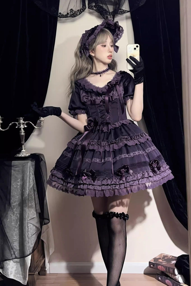Purple Layered Blackcurrant Short Sleeves Ruffle Bowknot Lace Sweet Lolita Dress