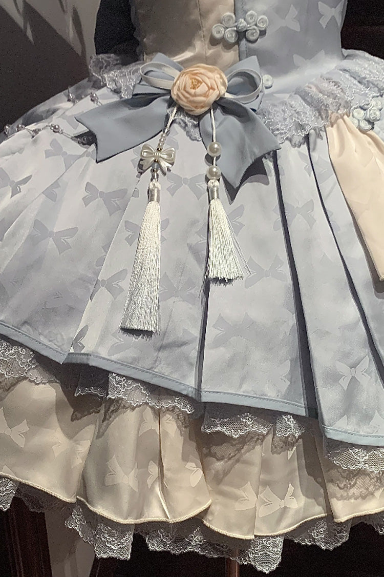 Chinese Style Short Sleeves Print Ruffle Hollow Bowknot Lace Asymmetric Sweet Vintage Lolita Dress 4 Colors