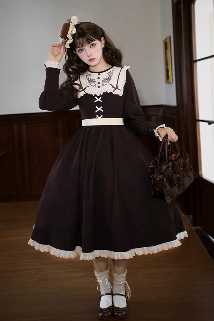 Brown Miss Brown Long Sleeves Ruffle Bouquet Embroidery Sweet Lolita Dress (Long Version)