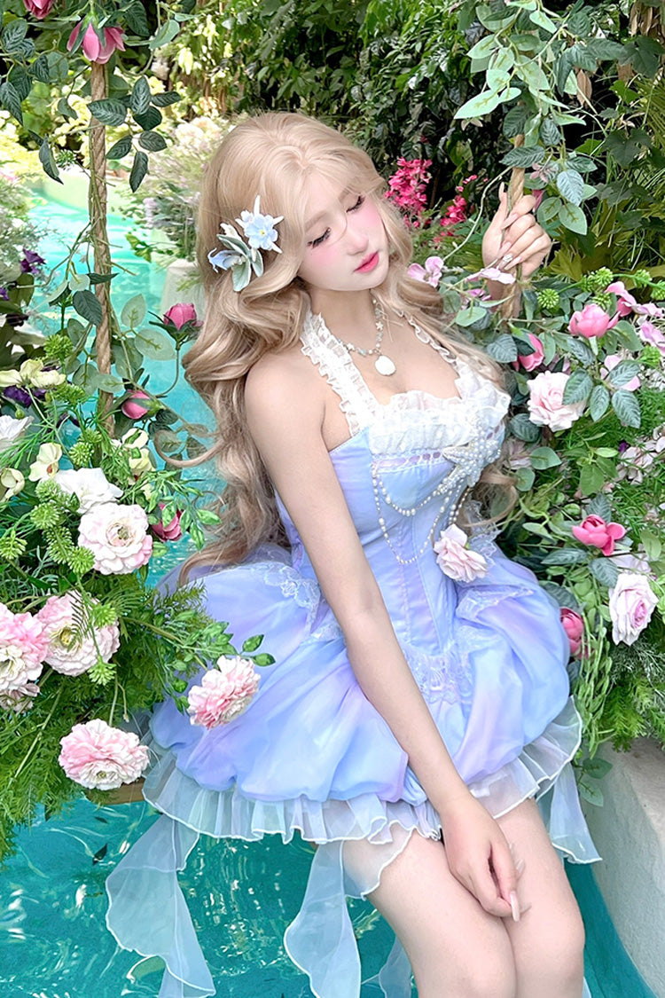 Blue Starlight Jellyfish Princess Halterneck Sleeveless Ruffle Lace Sweet Lolita Jsk Dress