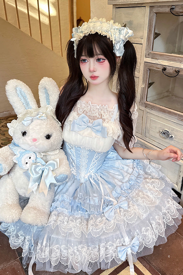 Blue Dance of Time Sleeveless Triple-Layered Ruffle Bowknot Lace Lace-Up Sweet Ballet Lolita Jsk Dress