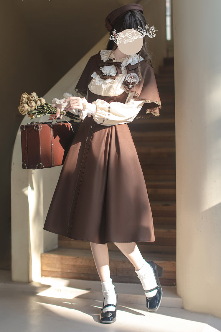 Brown/White Sunset Academy Long Sleeves Ruffle Bowknot Fake Two Pieces Vintage College Style Elegant Lolita Dress