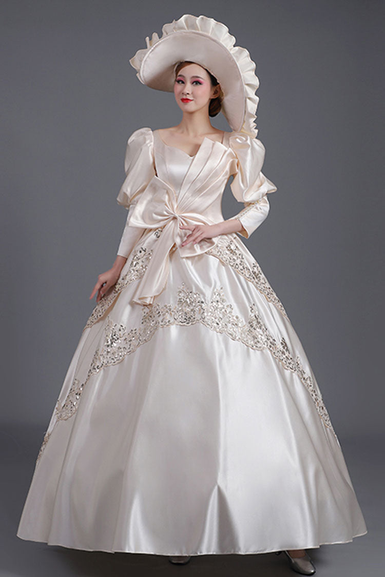 Champagne Half Sleeves Asymmetric Big Bowknot High Waisted Hollow Embroidery Print Victorian Lolita Prom Dress
