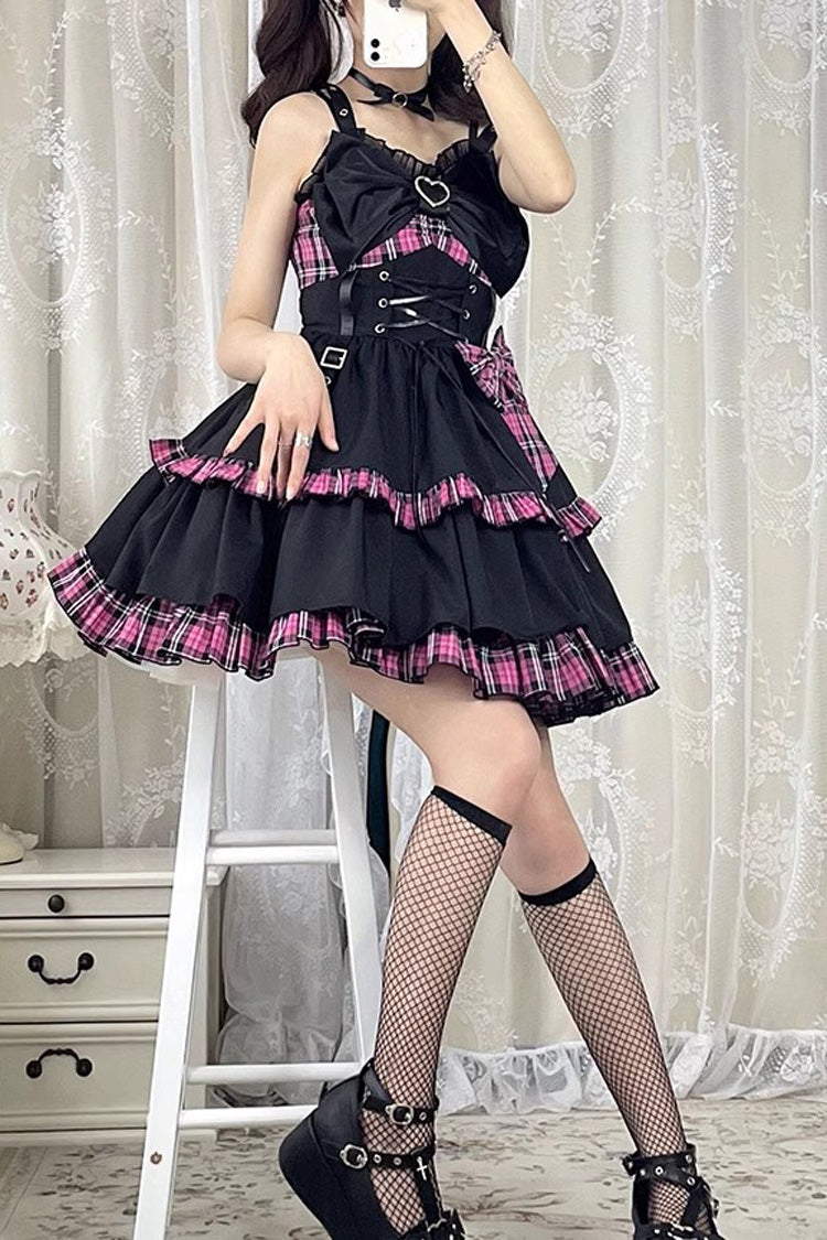 Black/Pink Plaid Print Color Contrast Leather Buckle Bowknot Ruffle Gothic Lolita JSK Dress