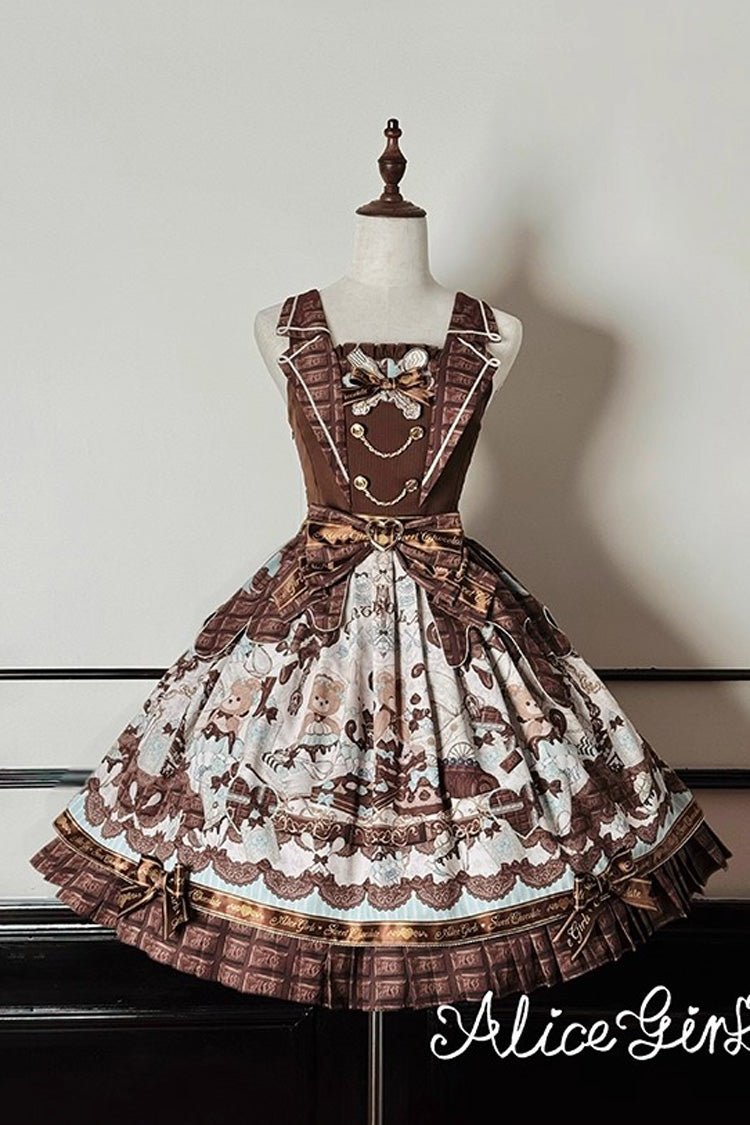 Brown Teddy Bear Chocolate Sleeveless Print Ruffle Bowknot Sweet Lolita Jsk Dress