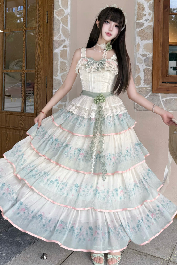 Green Lilac Thoughts Sleeveless Gradient Multi-Layered Print Ruffle Bowknot Lace Sweet Lolita Dress Set