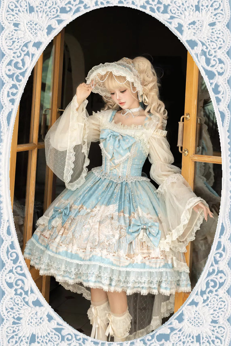 Blue Unicorn Print Sleeveless Multi-Layered Embroidery Bowknot Lace Sweet Lolita Jsk Dress