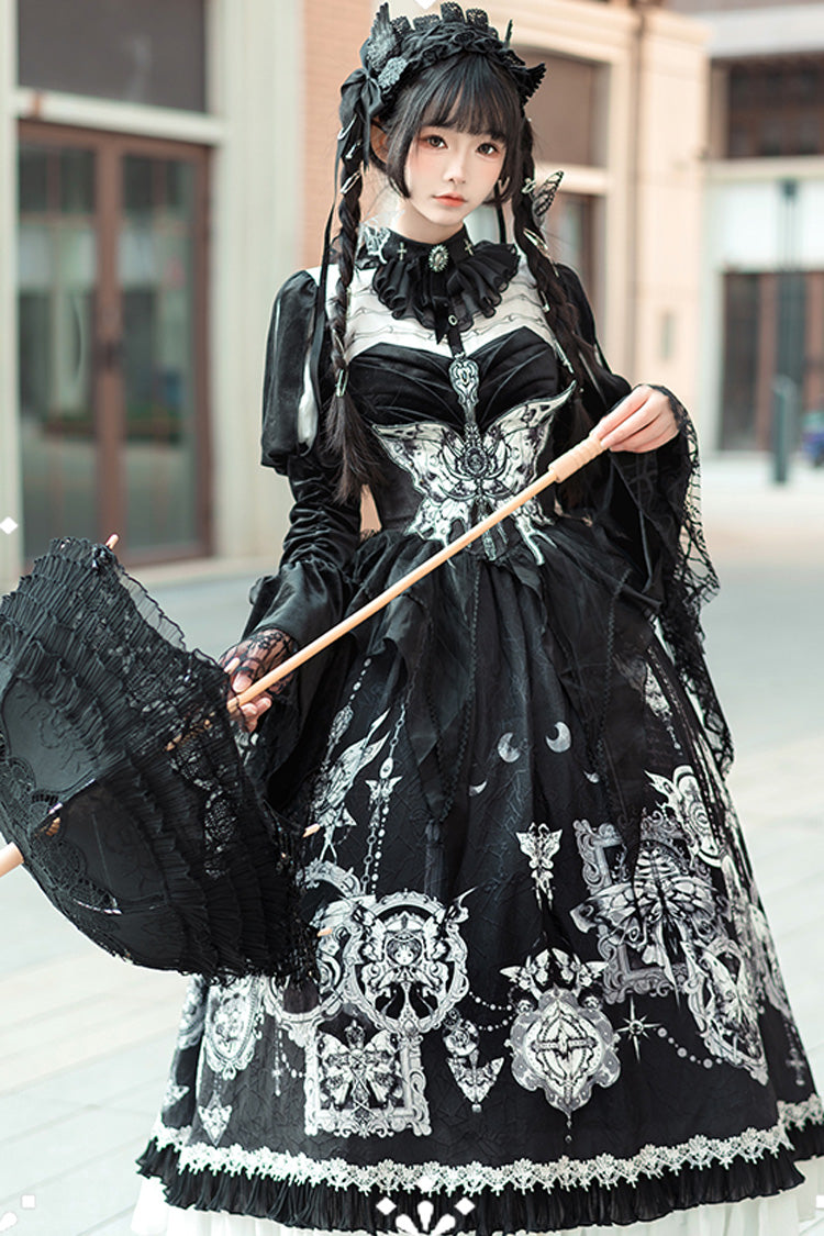 Black Feast of Bones Print Ruffle Bowknot Lace Gothic Elegant Lolita Long Dress