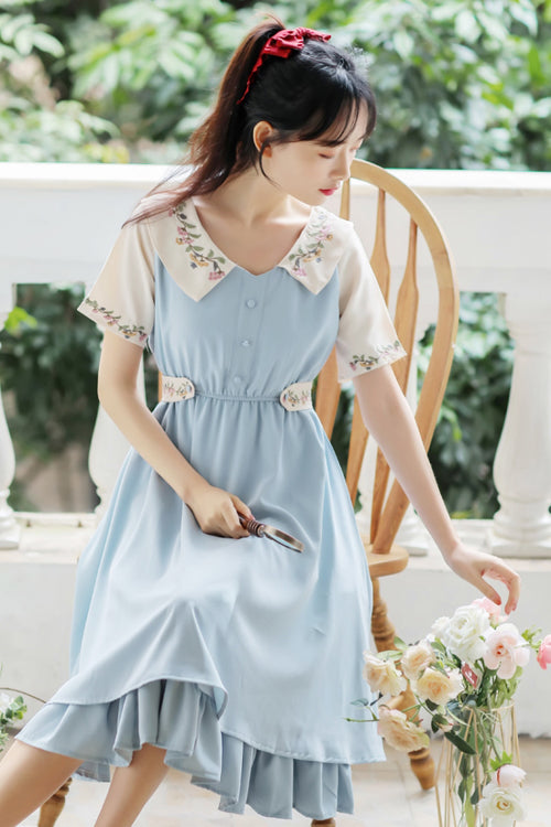French Style Doll Collar Flower Print Short Sleeve High Waisted Sweet Lolita Dress