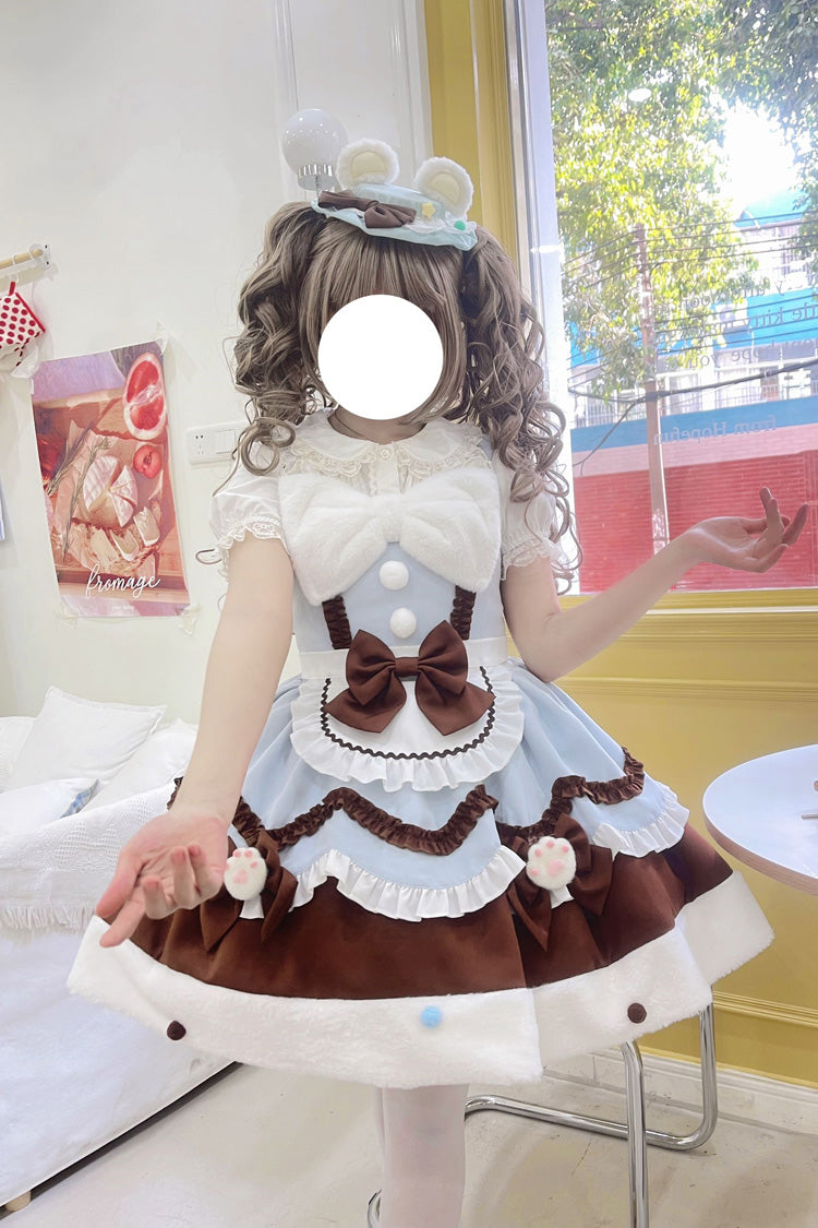 Blue/Brown Cream Snow Cat Winter Ruffle Bowknot Sweet Lolita Jsk Dress