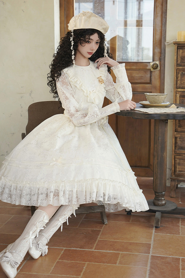 Ivory Flower Sound Long Sleeves Ruffle Cardigan Bowknot Lace Sweet Lolita Dress