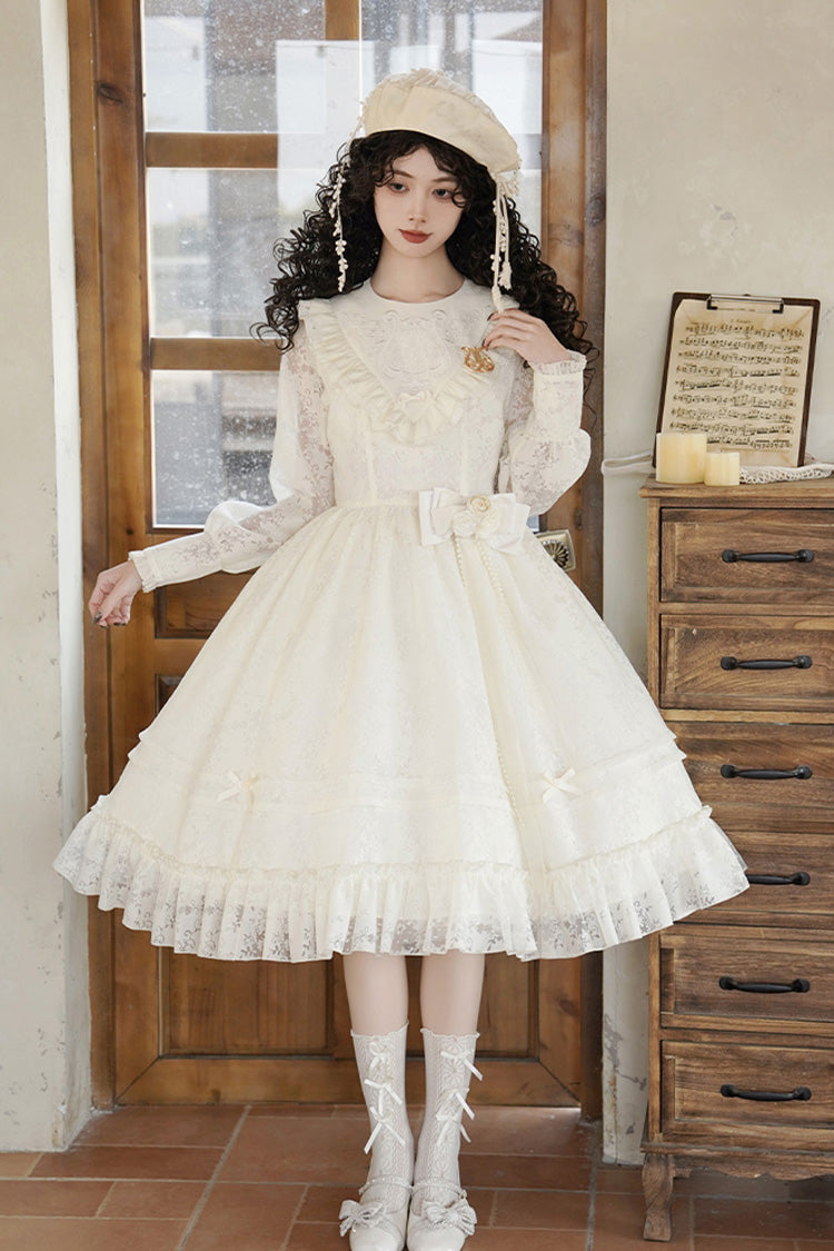 Ivory Flower Sound Long Sleeves Ruffle Cardigan Bowknot Lace Sweet Lolita Dress