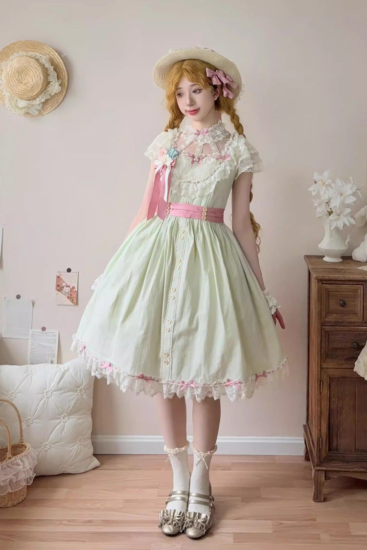 Green Sakura's Spring Resonance Sleeveless Ruffled Bow Sweet Lolita Jsk Dress (Short Version)