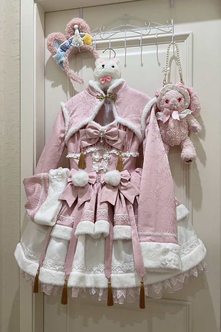 Pink Snow Rabbit Long Sleeves Ruffle Bowknot Fake Two Pieces Sweet Lolita Dress