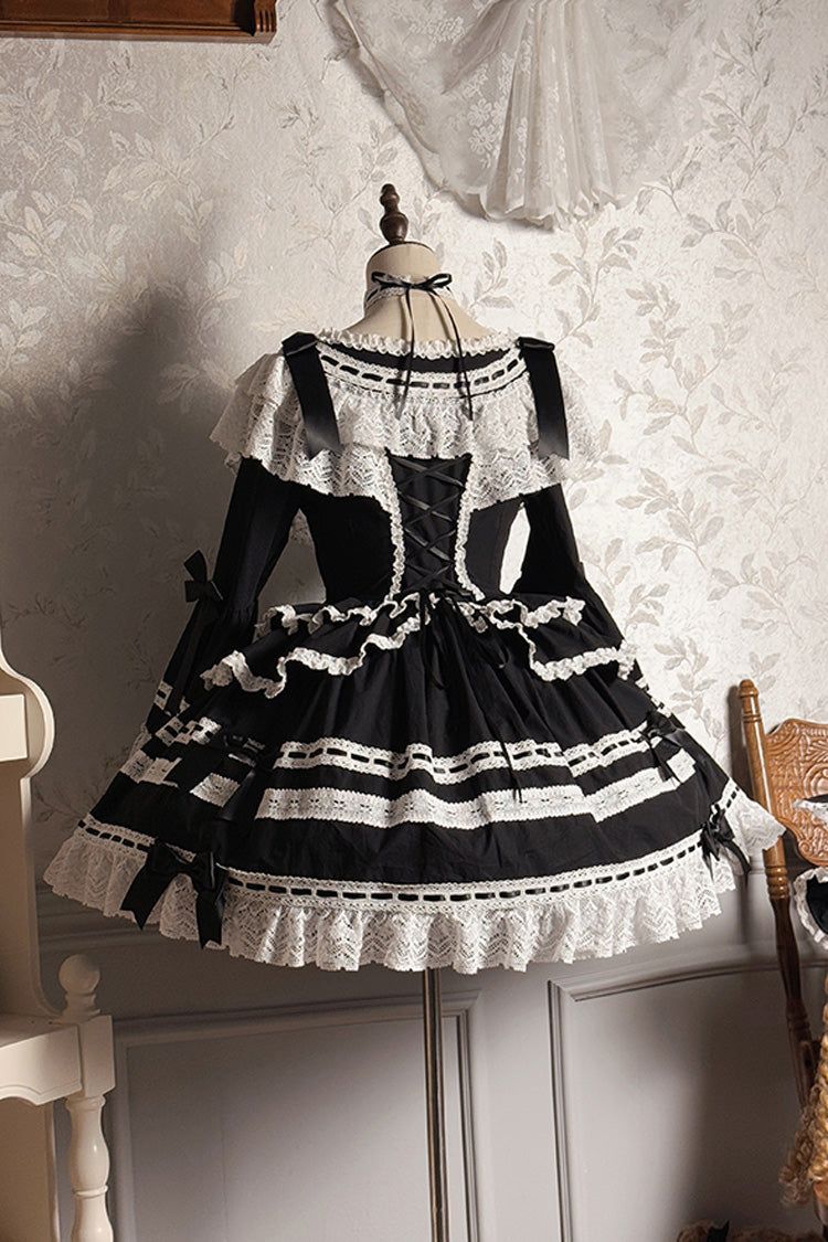 Black Rabbit Sleeping Doll Long Trumpet Sleeves Ruffle Bowknot Lace Sweet Lolita Dress