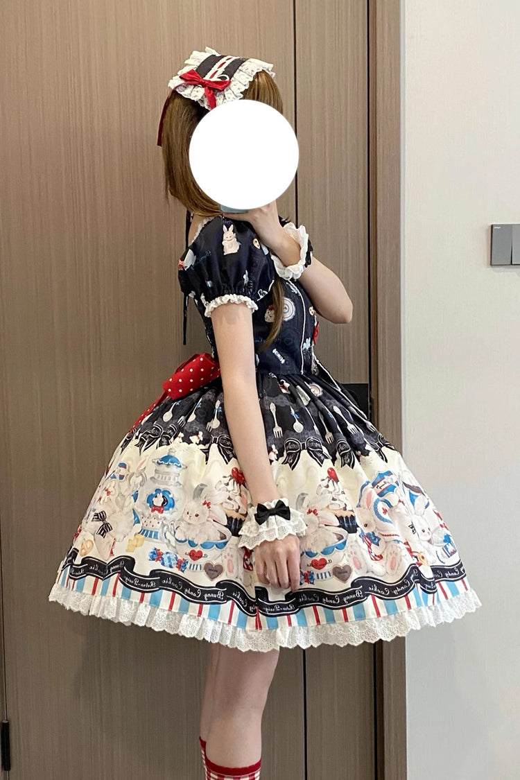 Black Mystery Rabbit Tea Party Square Collar Short Sleeves Print Ruffle Bowknot Lace Sweet Lolita Dress