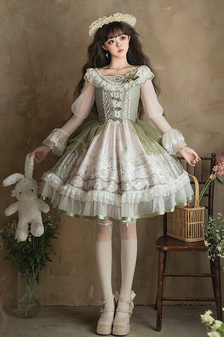 Green Teacup Rabbit Little Fresh Print Ruffle Bowknot Lace Lace-Up Sweet Lolita OP Dress