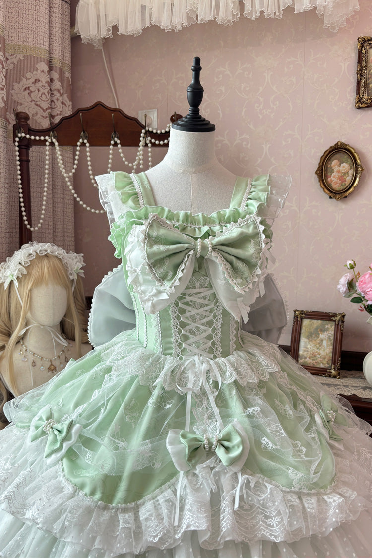 Green Sleeveless Triple-Layered Ruffle Embroidery Bowknot Lace-Up Pearl Sweet Plus Size Lolita Jsk Dress
