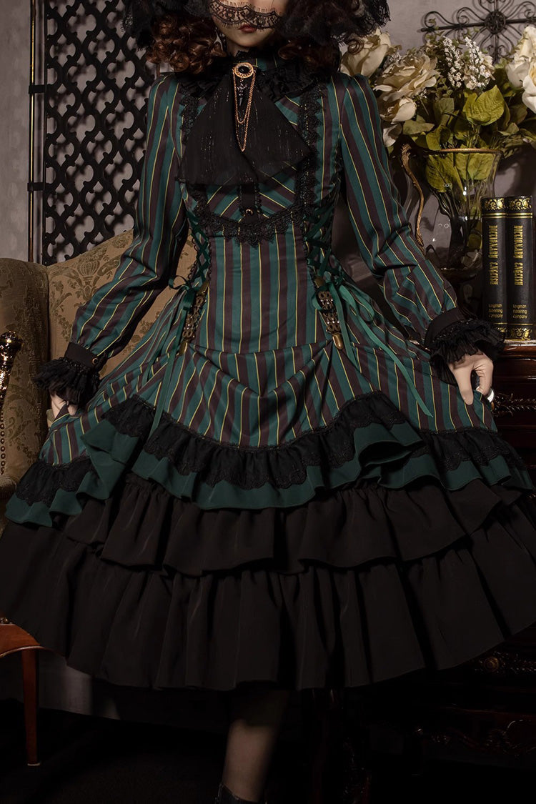 Point Manor Stand Collar Long Sleeves Multi-layer Striped Print Ruffle Gothic Lolita Dress 4 Colors