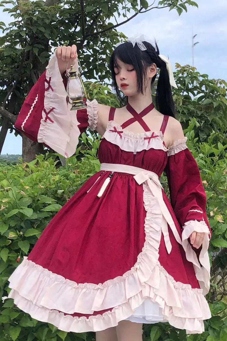 Red Monet Estate Sleeveless High Waisted Ruffle Bowknot Asymmetric Gothic Lolita Jsk Dress