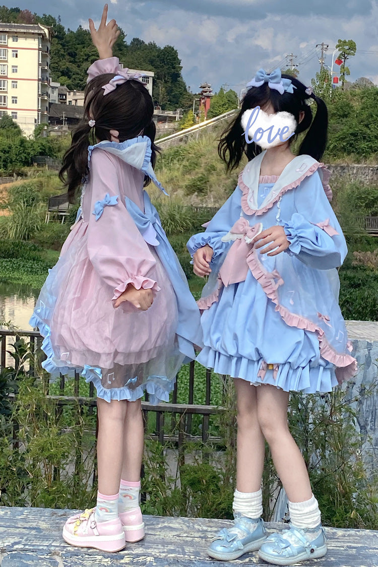 Blue Long Sleeves Music Notes Print Ruffle Bowknot Lace Sweet Lolita Dress
