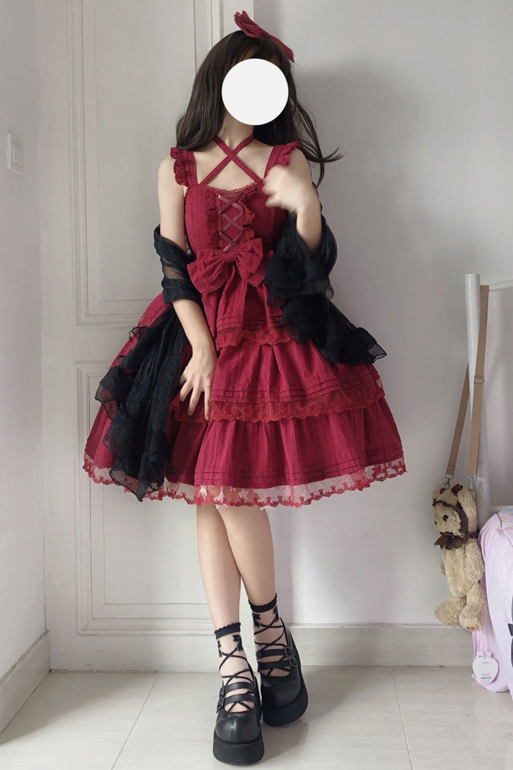 Red First Love Triple-Layered Ruffle Bowknot Lace Sweet Lolita Jsk Dress