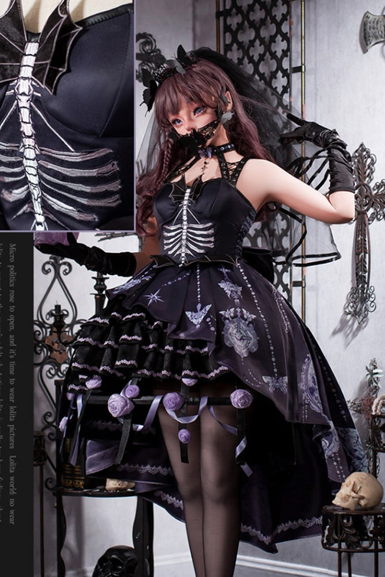Black Feast of Bones Halterneck Multi-Layered Print Ruffle Lace Gothic Elegant Lolita Jsk Dress