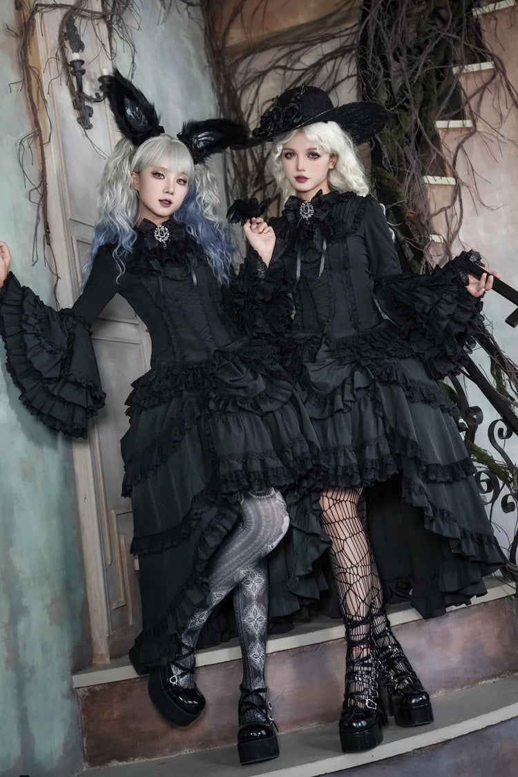Black Immortal Phoenix Long Hime Sleeves Multi-Layered Ruffled Bow Lace-Up Gothic Lolita Skirt Dress Set