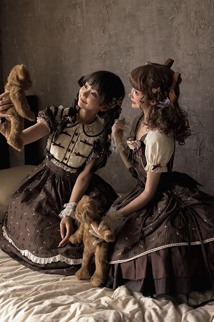 Brown Moro Coco Hot Air Balloon Print Ruffle Bowknot Sweet Elegant Princess Lolita Dress Long Version