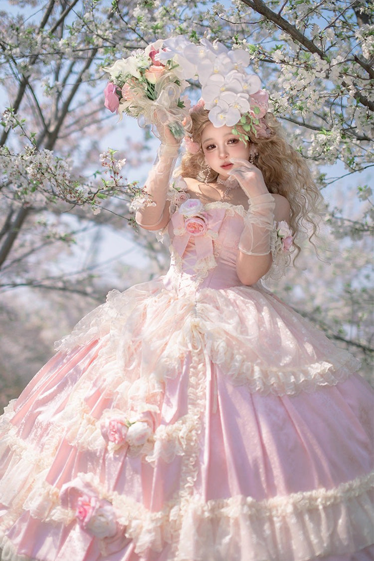 Pink Love and Roses Ruffle Hanayome Bowknot Lace Sweet Princess Lolita Jsk Dress