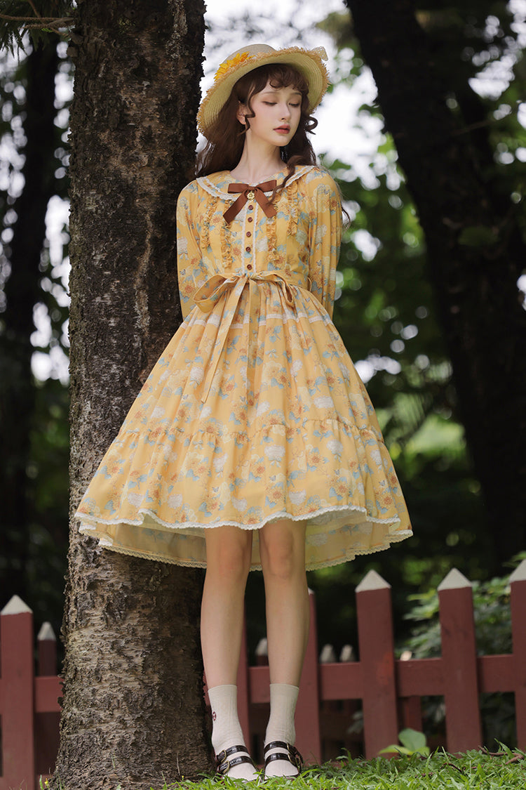 Yellow Gardening Sunflower Long Sleeves Print Ruffle Bowknot Sweet Elegant Lolita Dress