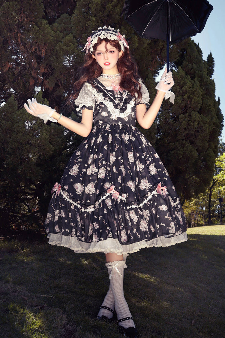 Daydream Rose Short Sleeves Floral Jacquard Print Ruffle Embroidery Bowknot Sweet Lolita Dress 3 Colors