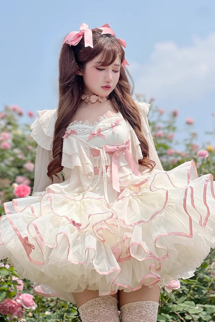 Pink/Beige Ballerina Style Bowknot Slim Fluffy Princess Sweet Lolita Tiered Dress