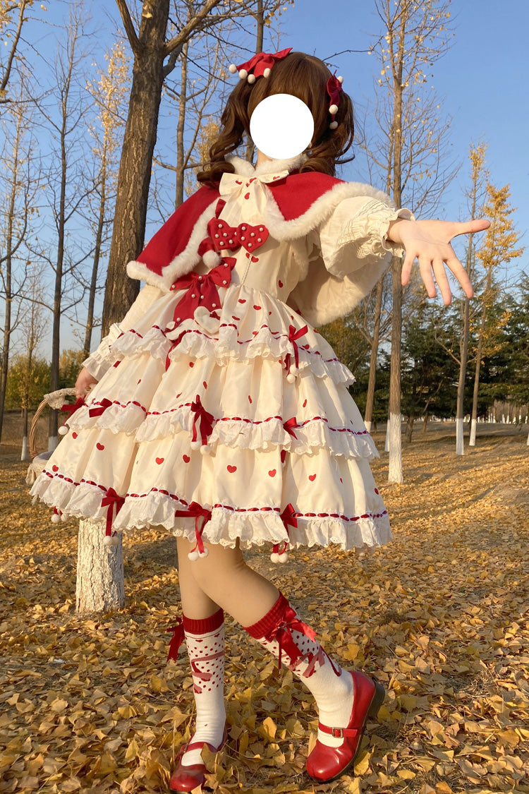 Red/Apricot Triple-Layered Print Ruffle Bowknot Lace Sweet Princess Lolita Dress Cloak Set