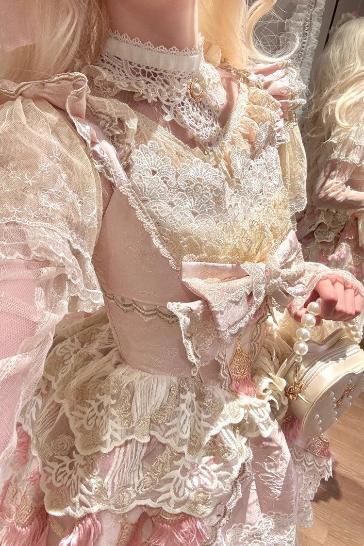 Pink Peacock Feather Multi-Layered Ruffle Hanayome Cardigan Bowknot Lace Sweet Lolita Jsk Dress Set